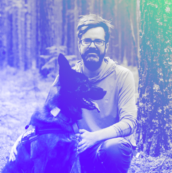 DUX partner and designer Kevin Crepin with dog Saba